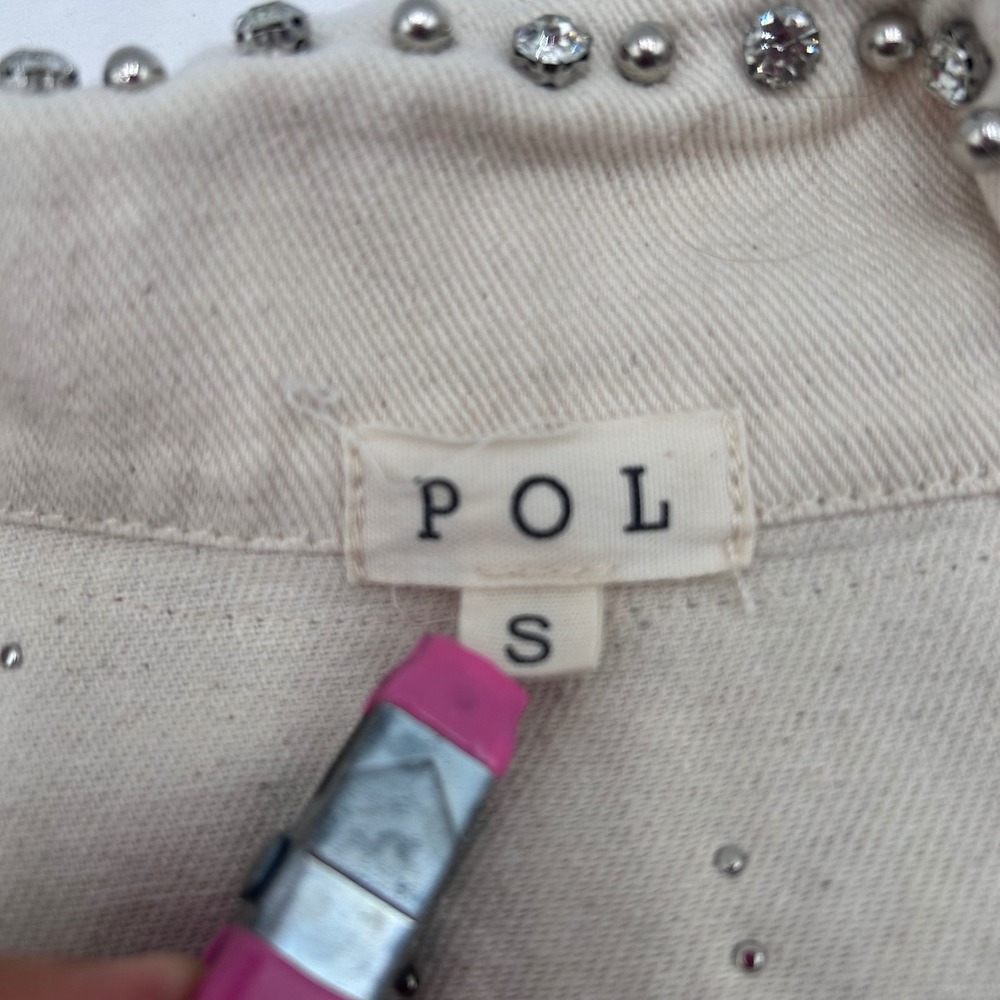 POL Embellished Denim Vest Cream Size S Oversized Beaded Studded Trucker Jacket - Picture 12 of 13